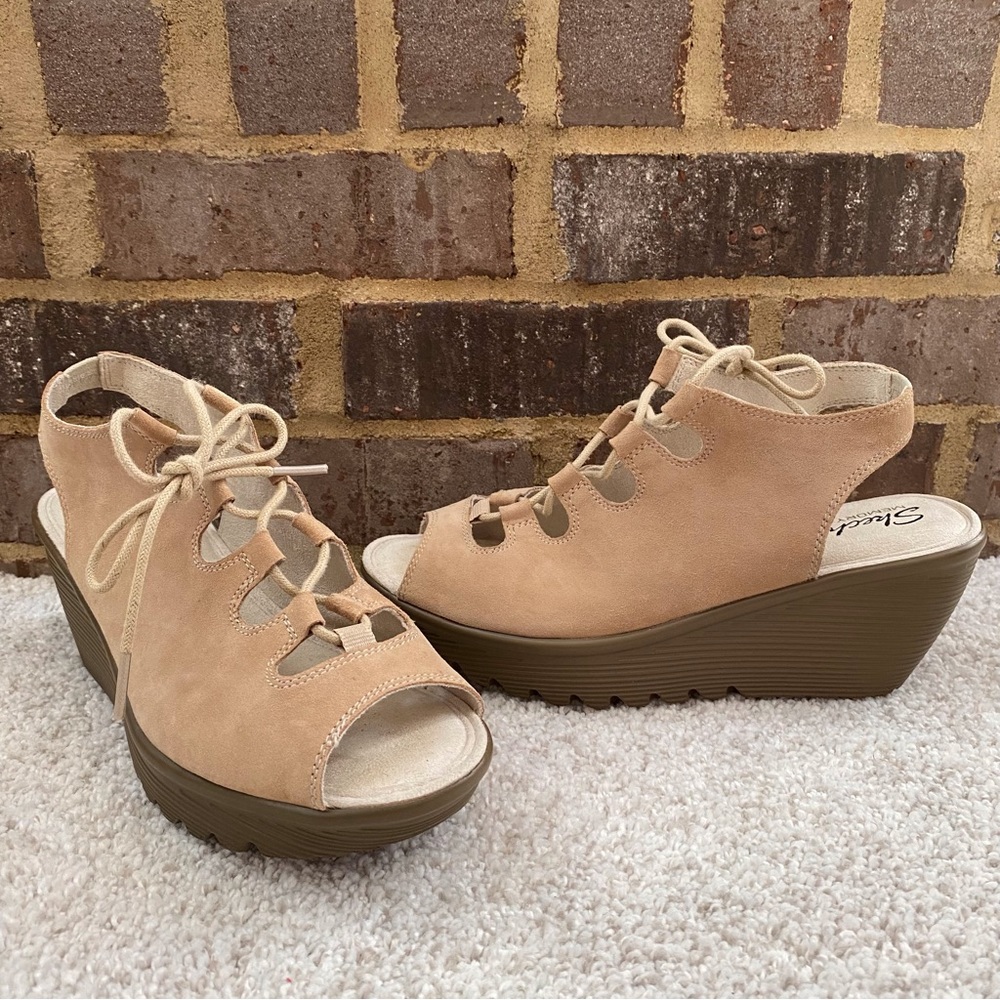 Skechers Lace Up Suede Leather Wedge Sandals